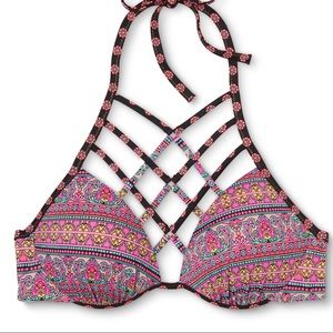 Bohemian Patterned Strappy High Neck Bikini Top